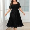 Women's Plus Size Wedding Guest Dress Formal Lace Square Neck Short Sleeve Smocked Flowy Cocktail Maxi Dresses