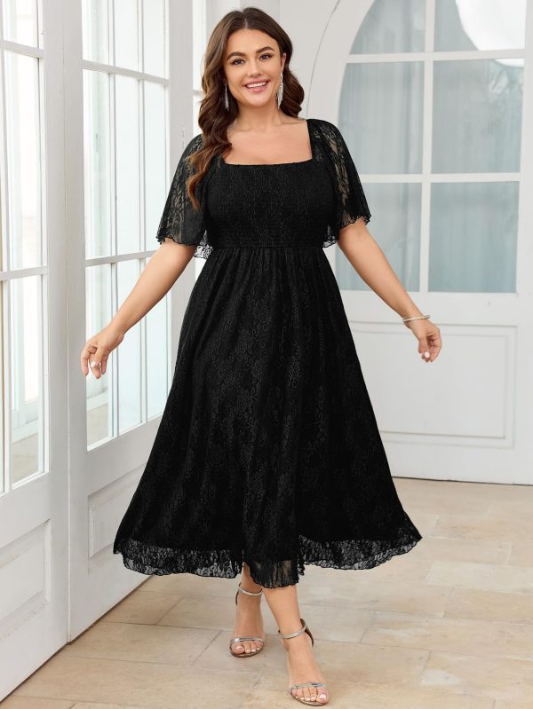 Women's Plus Size Wedding Guest Dress Formal Lace Square Neck Short Sleeve Smocked Flowy Cocktail Maxi Dresses