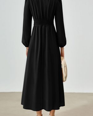 PRTTYGARDEN Womens Long Sleeve Maxi Dress 2025 Spring Trendy Elegant V Neck Flowy Wedding Guest Holiday Formal Long Dresses