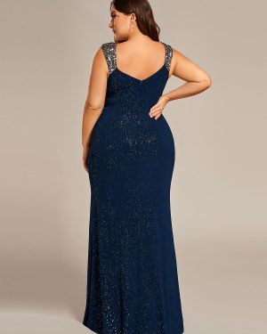 V-Neck High Slit Glitter Bodycon Plus Size Ball Gowns Formal Evening Dresses for Curvy Women 01888-DA