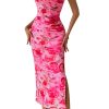 Women's Summer Maxi Bodycon Dresses Strapless Tube Top Slit Floral Printed Party Club Long Dress