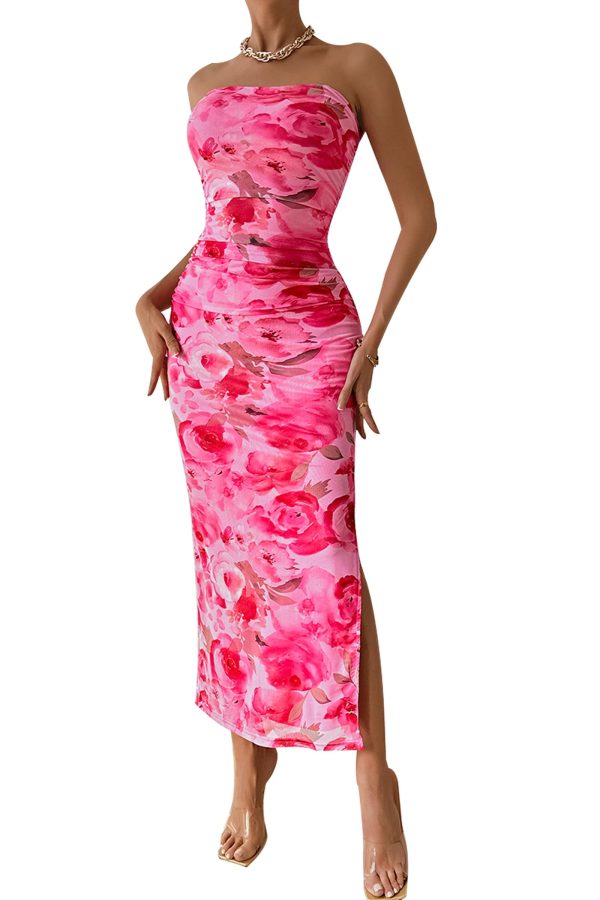 Women's Summer Maxi Bodycon Dresses Strapless Tube Top Slit Floral Printed Party Club Long Dress