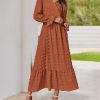 Women Spring Dresses 2025 Long Sleeve V Neck Swiss Dots Maxi Dress Boho Long Dress High Waisted A-Line Ruffle Dress