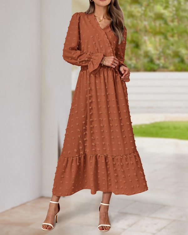 Women Spring Dresses 2025 Long Sleeve V Neck Swiss Dots Maxi Dress Boho Long Dress High Waisted A-Line Ruffle Dress