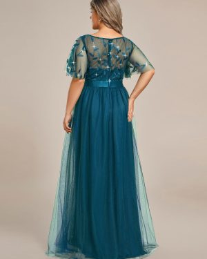 Women's Round Neck Short Sleeves Plus Size A-Line Tulle Sequin Formal Evening Dresses 0904-DA2