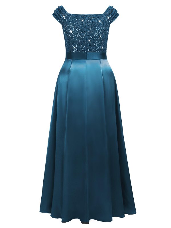 Women's Plus Size Sequin Lace Off Shoulder Satin Slit Formal Evening Party Maxi Dress
