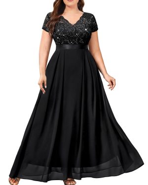Women's Plus Size Sequin Floral Lace V Neck Formal Bridesmaid Evening Flowy Maxi Dress Black