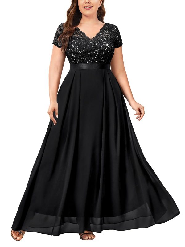 Women's Plus Size Sequin Floral Lace V Neck Formal Bridesmaid Evening Flowy Maxi Dress Black