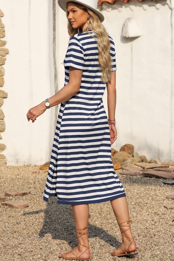 Women 2025 Casual Maxi Dress Short Sleeve V Neck Stripe Sundress Split Loose Long Summer Tshirt Activewear Dress