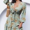 Womens Casual Spring Summer 2025 Deep V Neck Knotted Tiered Chiffon Elegant Mini Short Swing Skater Dresses