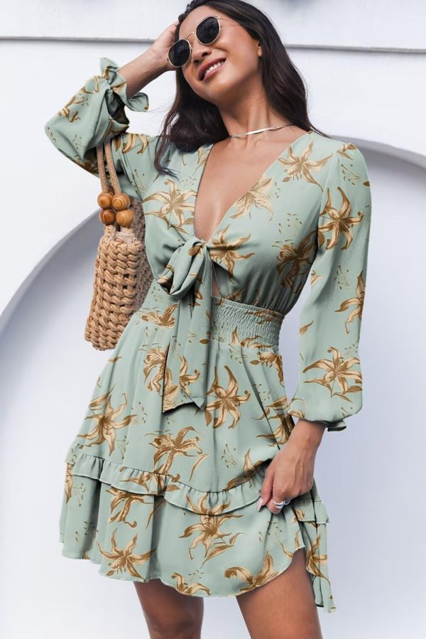 Womens Casual Spring Summer 2025 Deep V Neck Knotted Tiered Chiffon Elegant Mini Short Swing Skater Dresses