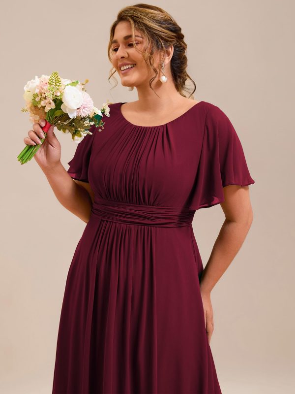 Women's Summer Round Neck A Line Pleated Chiffon Short Sleeves Plus Size Formal Gowns Bridesmaid Dresses