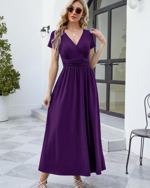 Maxi Dress for Women Wrap V Neck Short Sleeve Empire Pleated Waist Summer Casual Elegant Long Dresses with Pockets