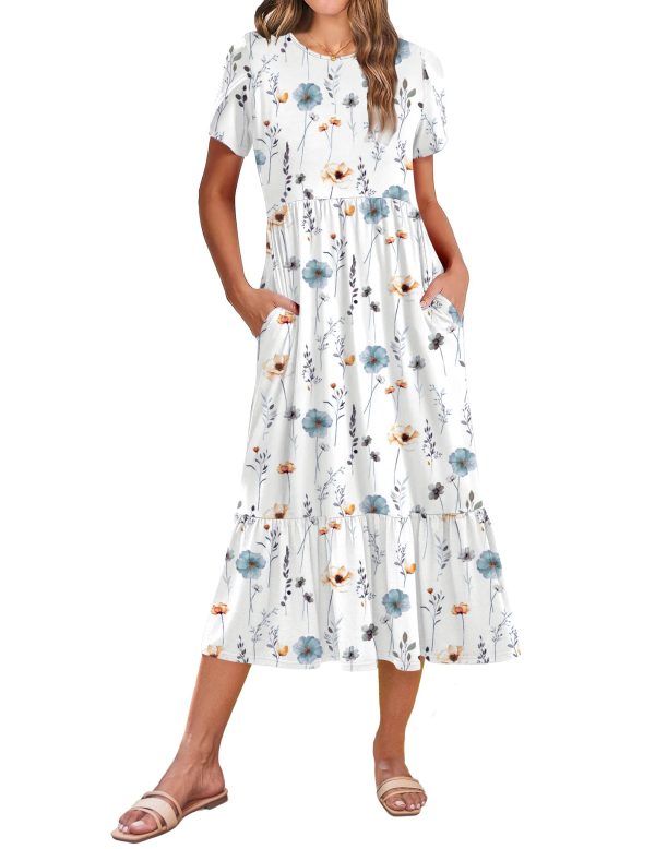 Women Summer Midi A Line Dress Short Sleeve Casual Flowy Tiered Beach Long Sundress with Pockets 2025 Vacation Travel