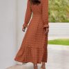 Women Spring Dresses 2025 Long Sleeve V Neck Swiss Dots Maxi Dress Boho Long Dress High Waisted A-Line Ruffle Dress