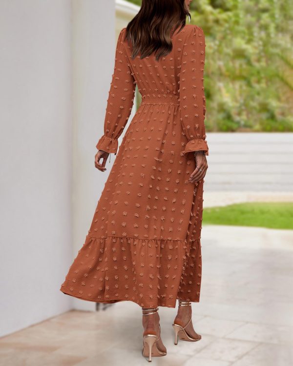 Women Spring Dresses 2025 Long Sleeve V Neck Swiss Dots Maxi Dress Boho Long Dress High Waisted A-Line Ruffle Dress