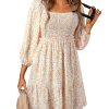 Spring Dresses for Women 2025 Boho Floral Square Neck Smocked 3/4 Sleeve Casual A-Line Swing Mini Dress Sundress