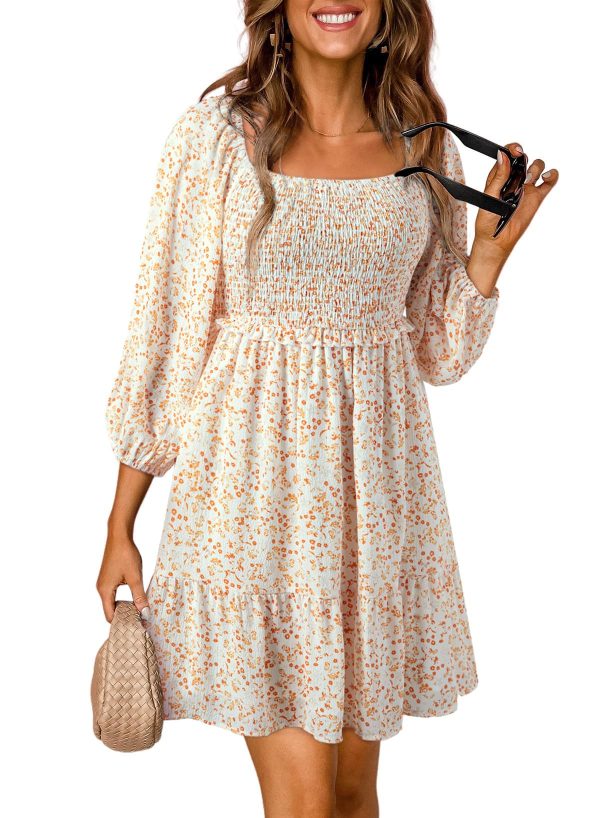 Spring Dresses for Women 2025 Boho Floral Square Neck Smocked 3/4 Sleeve Casual A-Line Swing Mini Dress Sundress