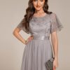 Women's Round Neck Lace Embroidered Short Sleeve A Line Tea-Length Cocktail Dress 02293