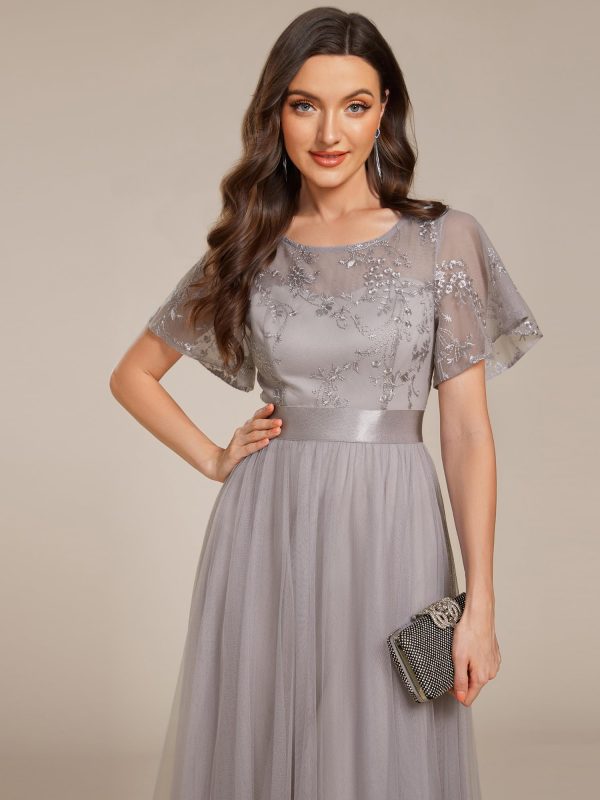 Women's Round Neck Lace Embroidered Short Sleeve A Line Tea-Length Cocktail Dress 02293
