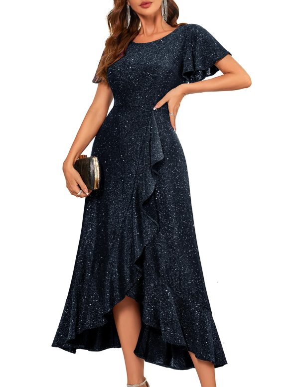 Women Sequin Formal Party Dress Flutter Short Sleeve Wedding Cocktail Long Evening Dress