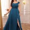Women's Plus Size Sequin Lace Off Shoulder Satin Slit Formal Evening Party Maxi Dress