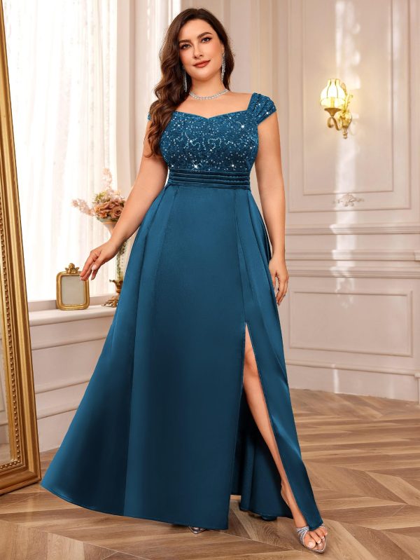 Women's Plus Size Sequin Lace Off Shoulder Satin Slit Formal Evening Party Maxi Dress