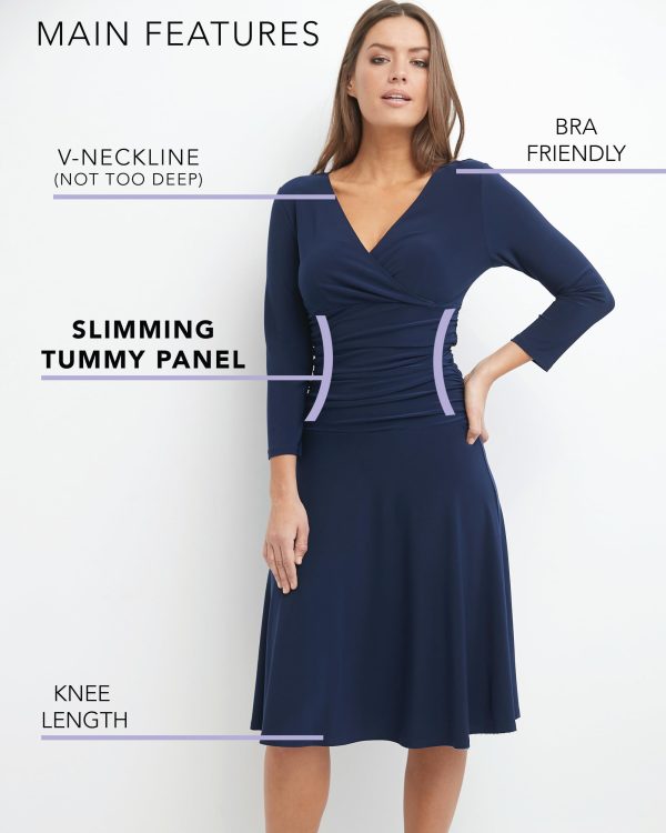 Women's Slimming 3/4 Sleeve Fit-and-Flare Crossover Tummy Control Dress