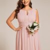 Women's Round Neck A Line Sequin Waist Hollow Out Plus Size Chiffon Maxi Formal Bridesmaid Dresses 01955-DA