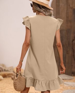 Summer Dresses for Women V Neck Cap Sleeve Ruffle Hem Smock Short Dress
