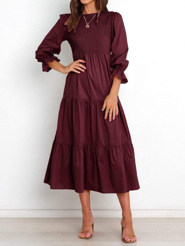Women Casual Long Sleeve Crew Neck Fall Dress Bohemian Relaxed Fit Floral Flowy Maxi Dresses Tiered Cocktail Dress