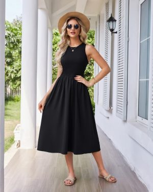 Womens Summer Dress Sleeveless Tank Dress Boho Casual Beach Vacation A Line Midi Dress with Pockets