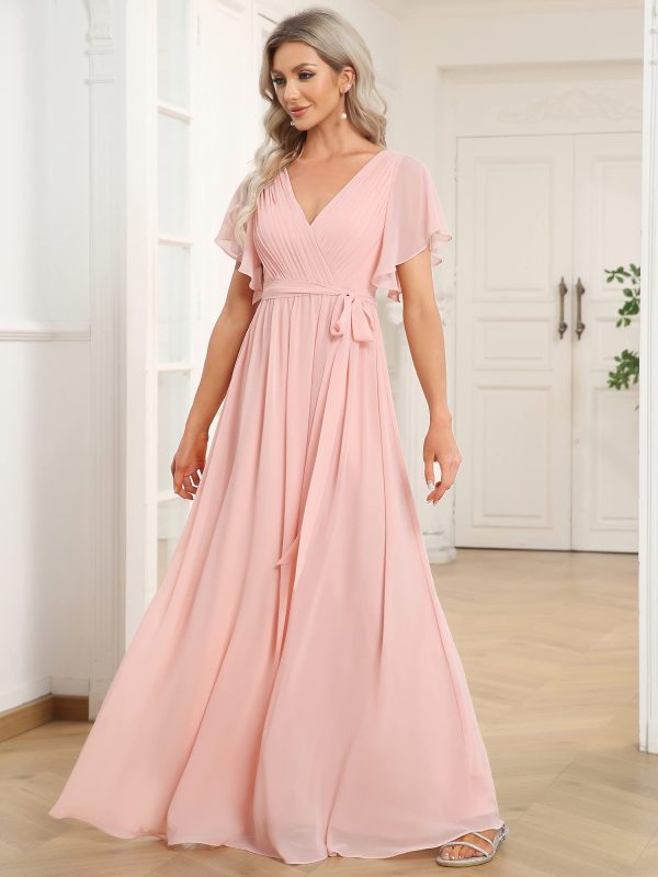 Women's Bridesmaid Dress V-Neck Ruffle Sleeves Ruched Bust Floor Length Chiffon Formal Dresses 0164A