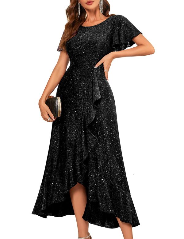 Women Sequin Formal Party Dress Flutter Short Sleeve Wedding Cocktail Long Evening Dress