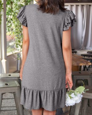 Womens Summer Dresses 2025 Ruffle Short Sleeve Smocked V Neck Casual Loose A-Line Swing Mini Dress Sundress