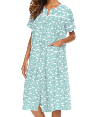 House Dress for Women with Pockets Button Down Duster Housecoat Short Sleeve Mumu Nightgown S-XXXL