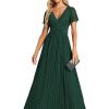 Women's Summer Wedding Guest Dress Glitter V Neck Pleated Short Sleeves Evening Mother Dresses 11961