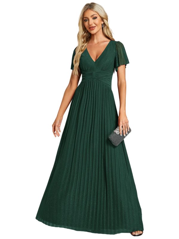 Women's Summer Wedding Guest Dress Glitter V Neck Pleated Short Sleeves Evening Mother Dresses 11961