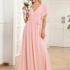 Women's Bridesmaid Dress V-Neck Ruffle Sleeves Ruched Bust Floor Length Chiffon Formal Dresses 0164A