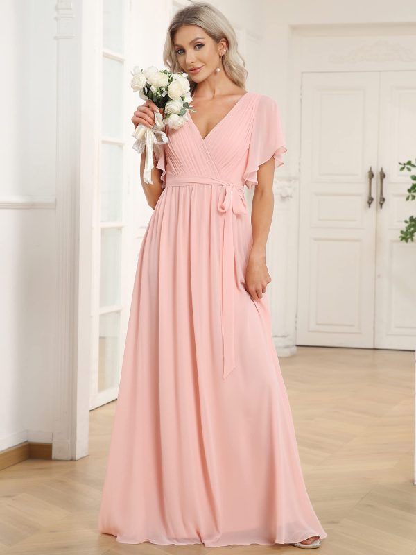Women's Bridesmaid Dress V-Neck Ruffle Sleeves Ruched Bust Floor Length Chiffon Formal Dresses 0164A