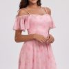 Women's Summer Cold Shoulder Hi-Lo Asymmetrical Hem Flowy Chiffon Short Wedding Guest Dress 02103