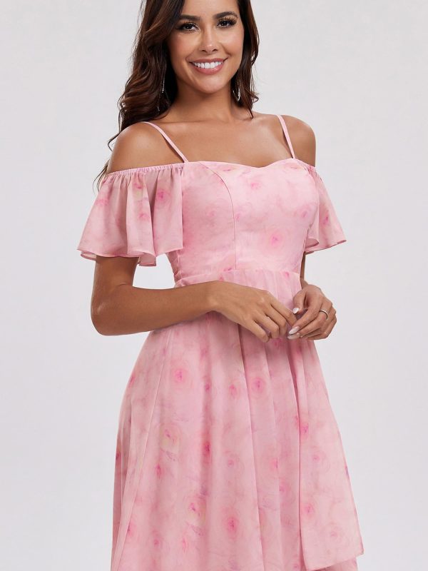 Women's Summer Cold Shoulder Hi-Lo Asymmetrical Hem Flowy Chiffon Short Wedding Guest Dress 02103