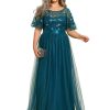 Women's Round Neck Short Sleeves Plus Size A-Line Tulle Sequin Formal Evening Dresses 0904-DA2