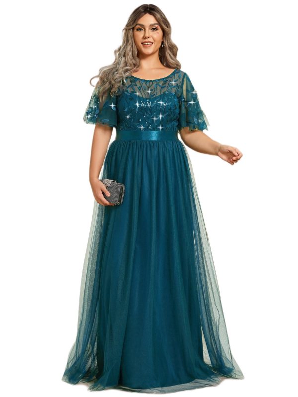 Women's Round Neck Short Sleeves Plus Size A-Line Tulle Sequin Formal Evening Dresses 0904-DA2