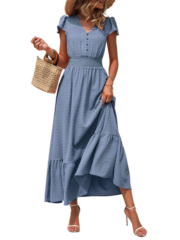 Womens Dresses 2025 Summer Maxi Dress Boho Short Sleeve V Neck Swiss Dot Ruffle Tiered Smocked Flowy Long Dress
