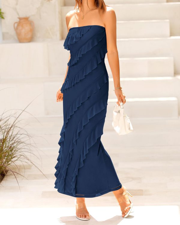 Women Summer Elegant Strapless Midi Ruched Bodycon Dress Solid Color Stretch Mesh Slim Party Cocktail Dresses