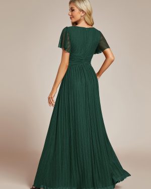 Women's Summer Wedding Guest Dress Glitter V Neck Pleated Short Sleeves Evening Mother Dresses 11961