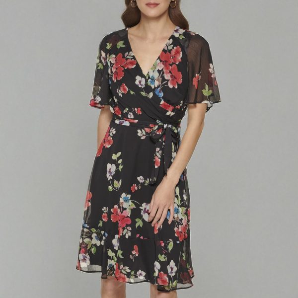 Women's Fit and Flare V Neck Cape Sleeve Dress