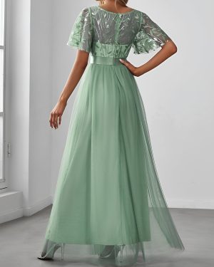 Women's Formal Dresses Crew Neck Sequin Ruffle Sleeve Empire Waist Beaded Long Evening Dresses 00904