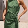 Women's Short Formal Satin Dress Summer Sleeveless Mock Neck Tie Waist Cocktail Party Dresses